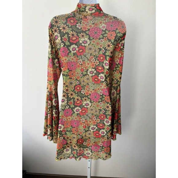 Boho Fairycore Dress 1X Mini 70s Retro Sheer Floral Mesh Bell Sleeve Lettuce Hem - Picture 3 of 13